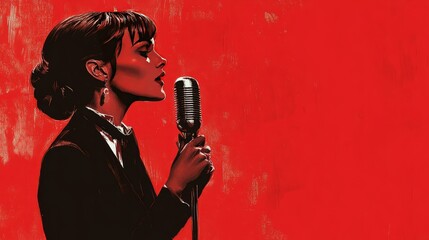 A solid background with a quiet man while the woman energetically speaks into a microphone directed at him 