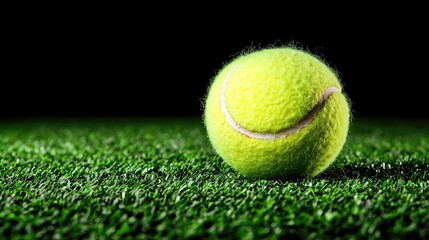Tennis ball on green court, dark background, sports