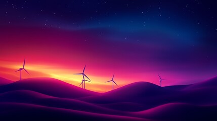 A vibrant sunset landscape featuring wind turbines silhouetted against colorful skies, creating a serene and eco-friendly atmosphere.
