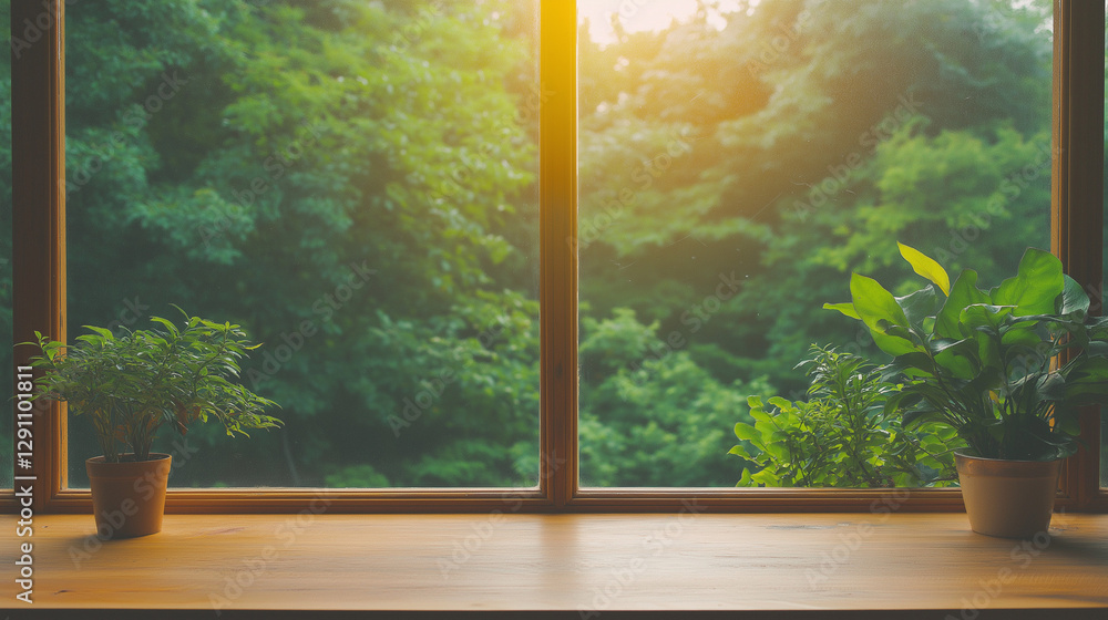 Poster window to wilderness: a sunlit window frames a vibrant forest landscape, creating a serene view with