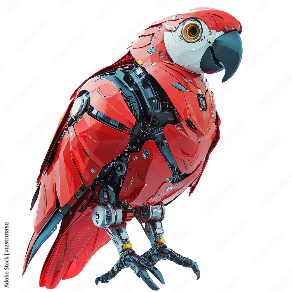 Poster advanced robotic parrot with intricate mechanical design on a transparent background, robotic parrot