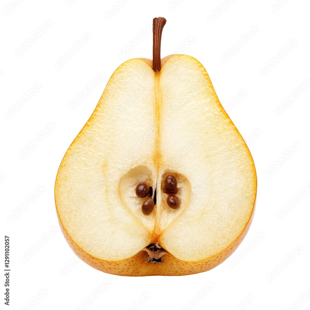 Poster sliced half of a pear on a clean transparent background showcasing its texture and seeds for culinar