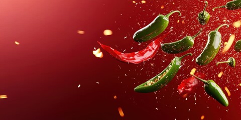 Floating spicy jalapeÃ?os with fiery sparks flying off on a bold chili red background 3D background minimalistic mockup with space for text