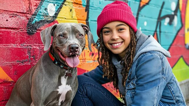 A teenager posing confidently with their dog in front of a colorful graffiti wall.