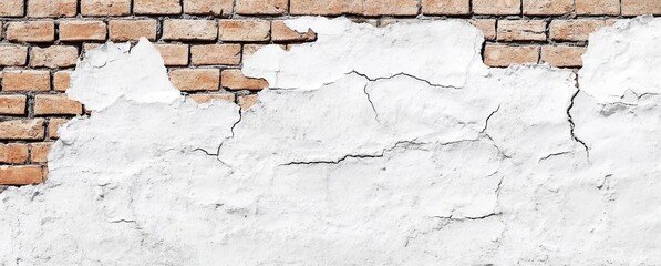 Textured Wall with Cracked White Plaster and Exposed Brickwork in Urban Setting