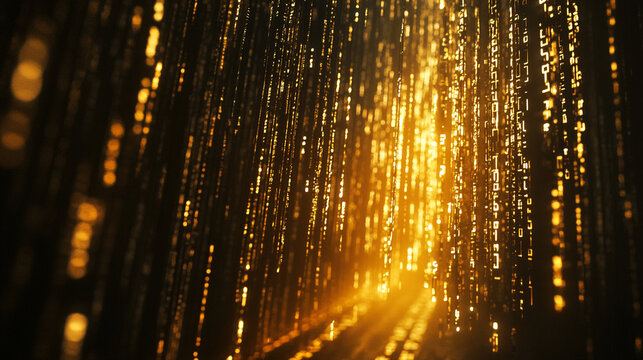 Abstract golden digital rain background texture design illustration glow data code light shiny lines
