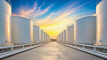 Obraz premium Industrial Storage Tanks at Sunset with Vibrant Sky and Smooth Pathway in the Foreground