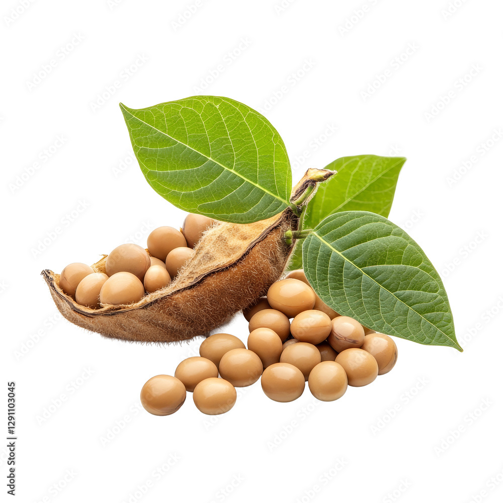 Poster soybeans in a pod with leaves, isolated on a transparent background showcasing their natural texture
