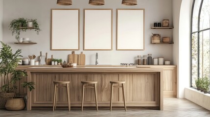 Wooden wall with blank framed poster mockup in Scandinavian-style kitchen. Light wood cabinets, neutral colors, and an airy feel.