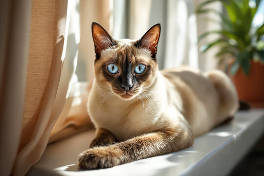 National Pet Day: A close-up of a sleek Siamese cat with striking blue eyes lounging on a sunlit windowsill. - Powered by Adobe