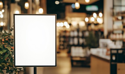 a blank white poster stands in the foreground of an out-of-focus store interior, showcasing a mockup design for advertising and branding with space to add text or images.