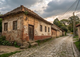 A photo of an old, weathered building in a rustic village.