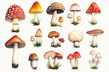 Charming hand-drawn mushroom sketches featuring vibrant species like fly agaric and blewit for nature lovers and botanical illustration aficionados