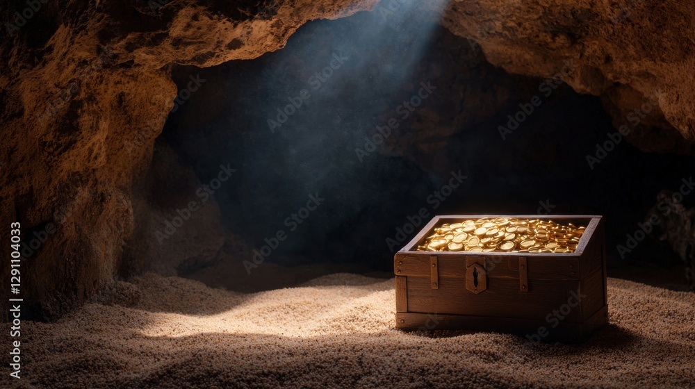 Poster treasure chest filled with gold coins illuminated by sunlight in a mysterious cave setting with a da