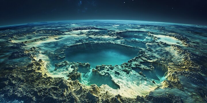 Wide angle visualization of vast Earth 38 billion years ago primitive lifeforms emerging ocean depths atmospheric bioluminescence atmospheric conditions highlighted with deep cinematic color grading