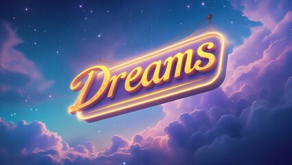 The word Dreams in neon lights hanging over a cloudy sky with stars, purple and white clouds