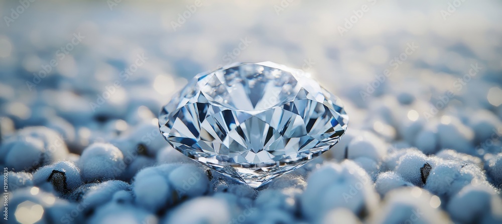 Poster brilliant faceted diamond on soft snowy surface with sparkling light reflection and winter backgroun