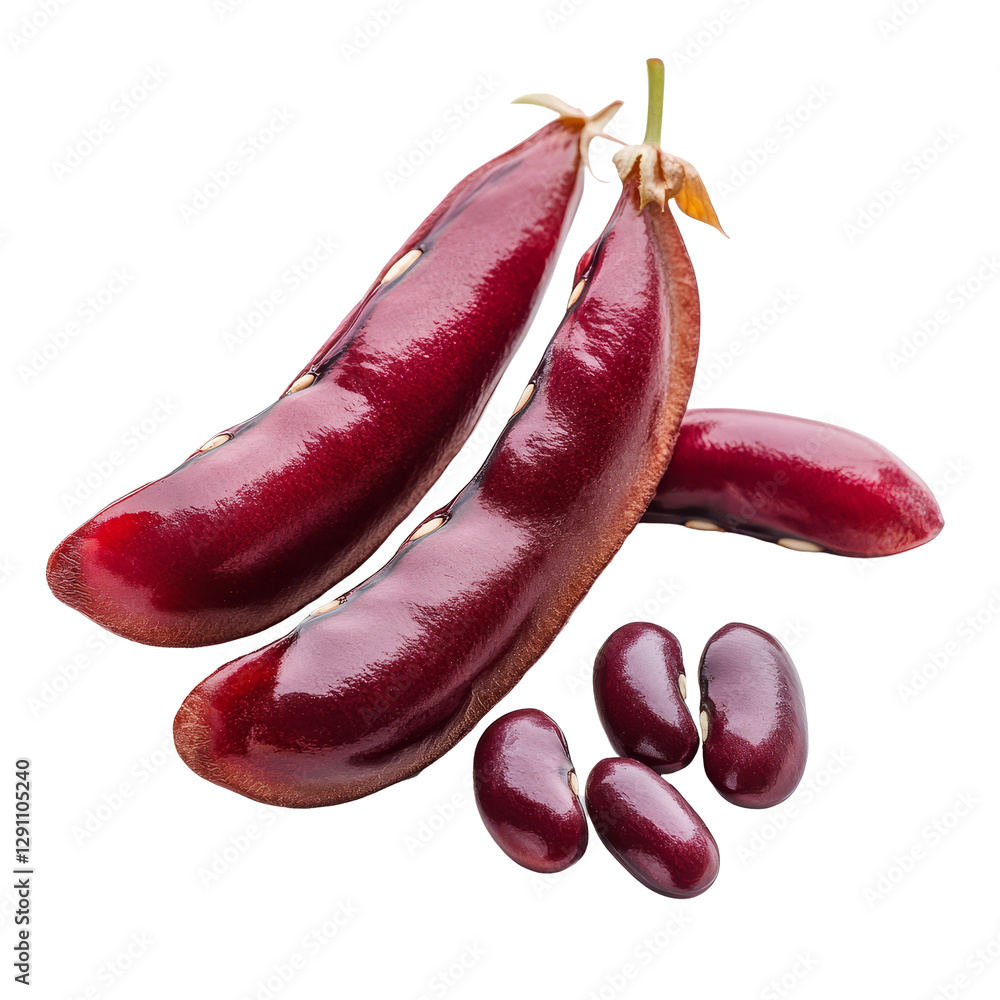 Poster vibrant red beans and pods isolated on a clean transparent background showcasing their natural color
