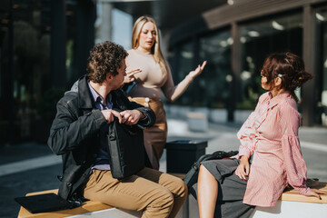 Three colleagues engaged in a casual outdoor meeting, discussing ideas and strategies. They appear relaxed yet focused, seated on a bench outside a modern office building.