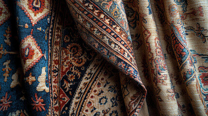 Detailed closeup of vintage persian rugs rich textures and colors art home blue decor brown woven