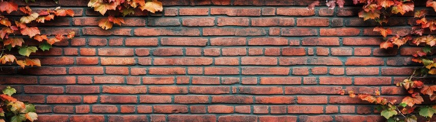 Obraz premium Captivating Texture of Vintage Brick Wall Enhanced by Autumn Leaves in Warm Colors