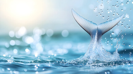 Majestic whale tail emerging from the ocean, creating a dramatic water splash in soft blue light. Stunning marine wildlife image for ocean conservation and adventure themes. Selective focus