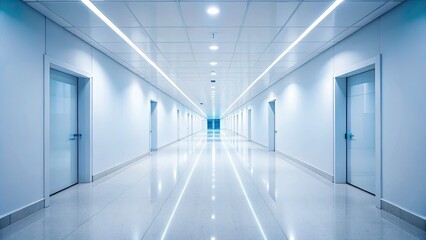 Low light illuminates a stark white hallway, its gradient creating a sterile, abstract, and unsettling atmosphere.