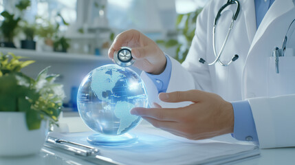 Doctor holding holographic globe, symbolizing global health and care