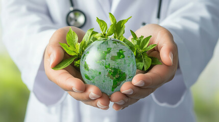 Hands holding globe surrounded by green leaves, symbolizing environmental care and health