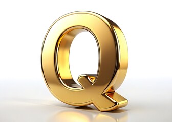 Luxury shines: a 3D rendered golden Q, realistic gold texture, isolated on white, forming a striking 3D gold font.