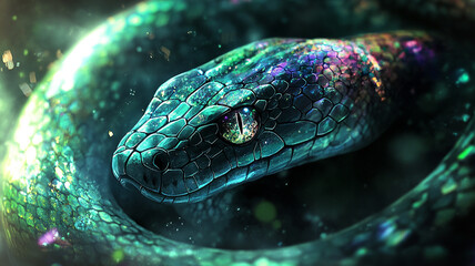 Colorful shimmering green snake looking at