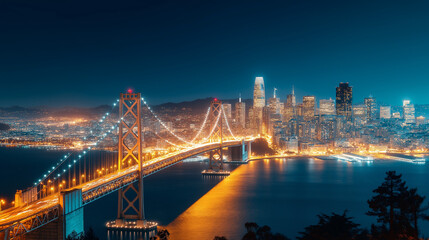 Fototapeta premium Golden Gate's Night Brilliance: San Francisco's iconic bridge glows in the night, seamlessly connecting urban marvels with a serene seascape. This urban panorama evokes the city's vibrant essence