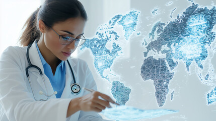 female doctor analyzes data with digital world map in background, showcasing global health insights
