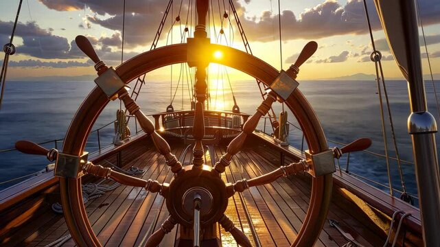 A wooden ship's wheel captures the golden sunset, reflecting on serene waters while the mast stands tall in the background
