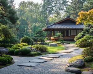 A Japanese Garden Scene with Japanese Buildings and Pathways