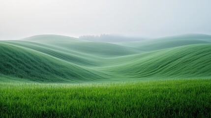 Fototapeta premium Lush Green Rolling Hills Under Soft Morning Fog