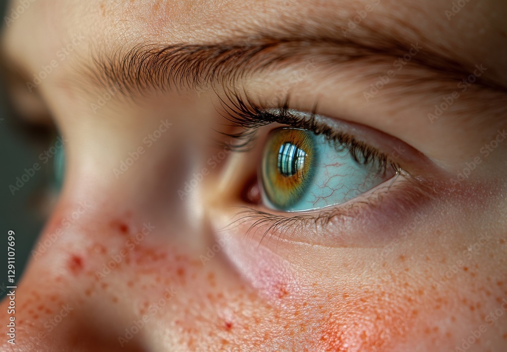 Poster close-up capture of a child's eye highlighting unique colors and reflections with freckles on the sk