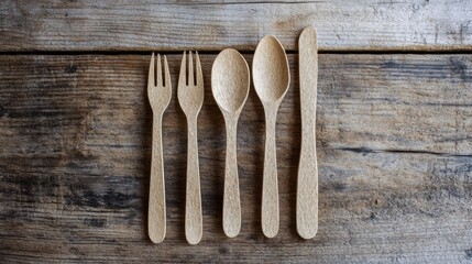 Next level compostable cutlery made from wheat husks and sugarcane fiber arranged on rustic wooden table for eco friendly dining