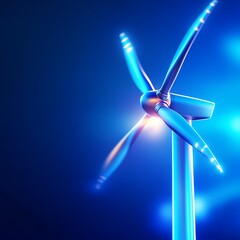 A futuristic wind turbine illuminated with blue light, symbolizing renewable energy and technological advancement.
