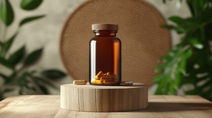 a bottle of dietary supplement stands on a wooden stand