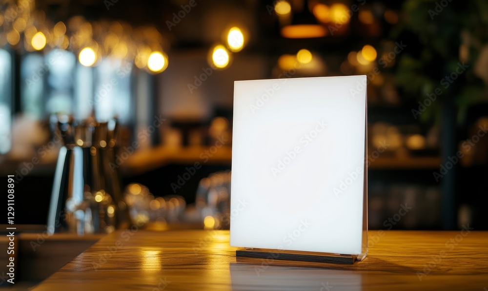 Poster white blank menu stand sits on a wooden table in a coffee shop and bar background, with a close-up v