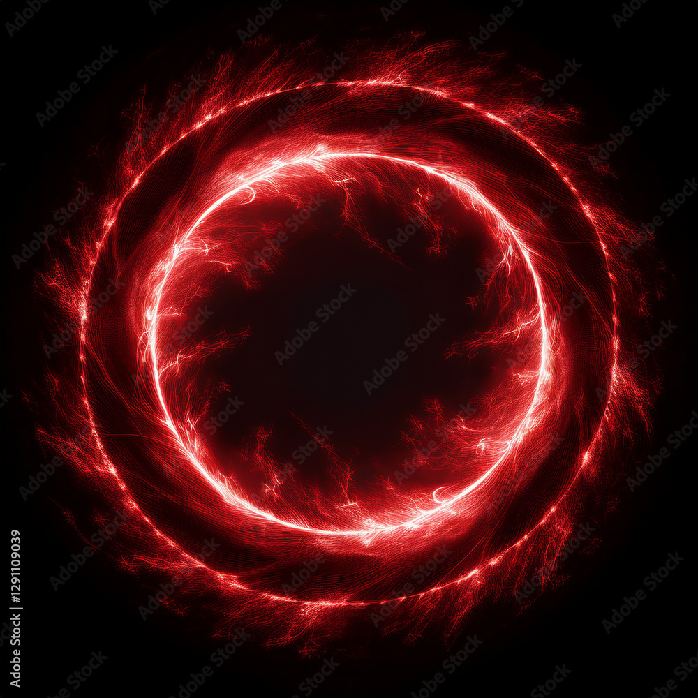Poster abstract red lightning circle on dark backdrop. mysterious shape.