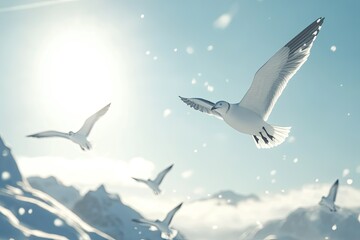 Fototapeta premium Snowy Mountains, Birds Soar, Winter Flight
