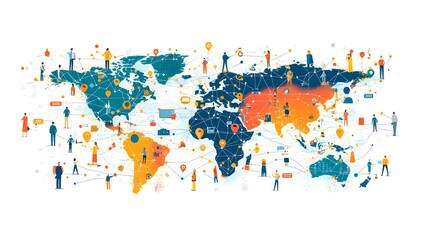 Obraz premium A visually appealing representation of a global business network, featuring interconnected people and icons representing digital connections around the globe,