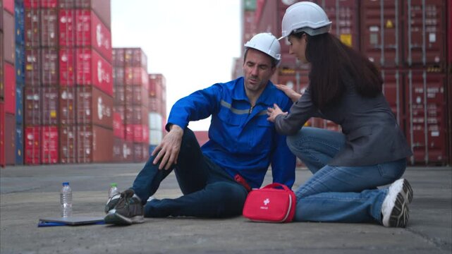 irst aid for a container warehouse worker fainted while working in the bright sunlight and hot weather of a container storage yard