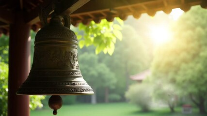 Historic Temple Bell Hanging in a Tranquil Asian Garden at Sunrise with Seamless Looping 4K Time-Lapse Virtual Video Animation Background