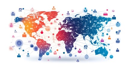 Naklejka premium A visually appealing representation of a global business network, featuring interconnected people and icons representing digital connections around the globe,