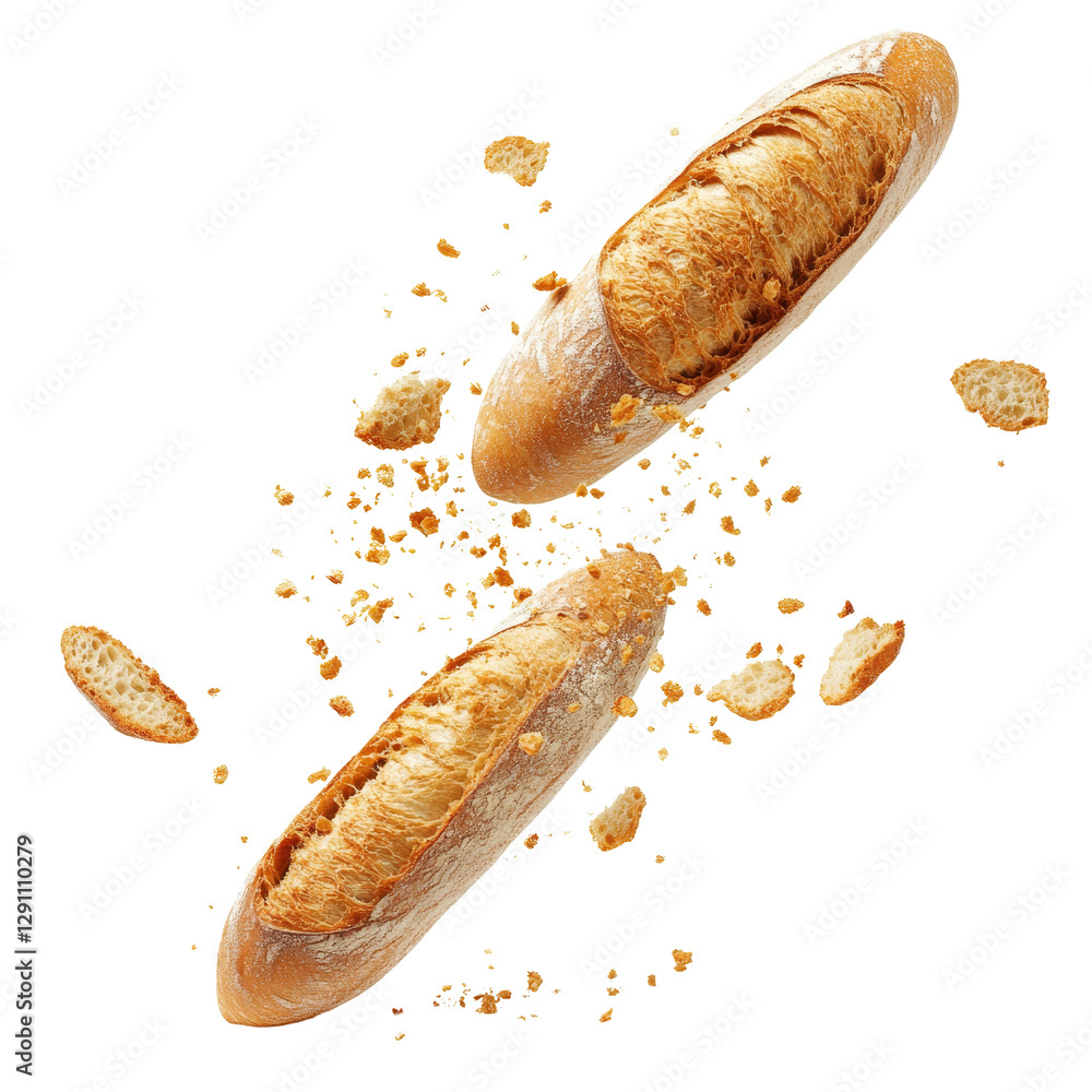 Poster fresh baguette with crispy crumbs falling apart in an isolated view against a transparent background