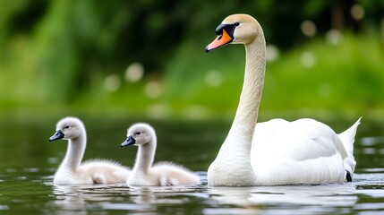 Fototapeta premium White Swan with Two Cygnets Swimming on Pond