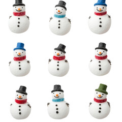 Creative arrangement of multiple snowmen wearing colorful hats and scarves against a transparent background, Multiple snowman on transparent background